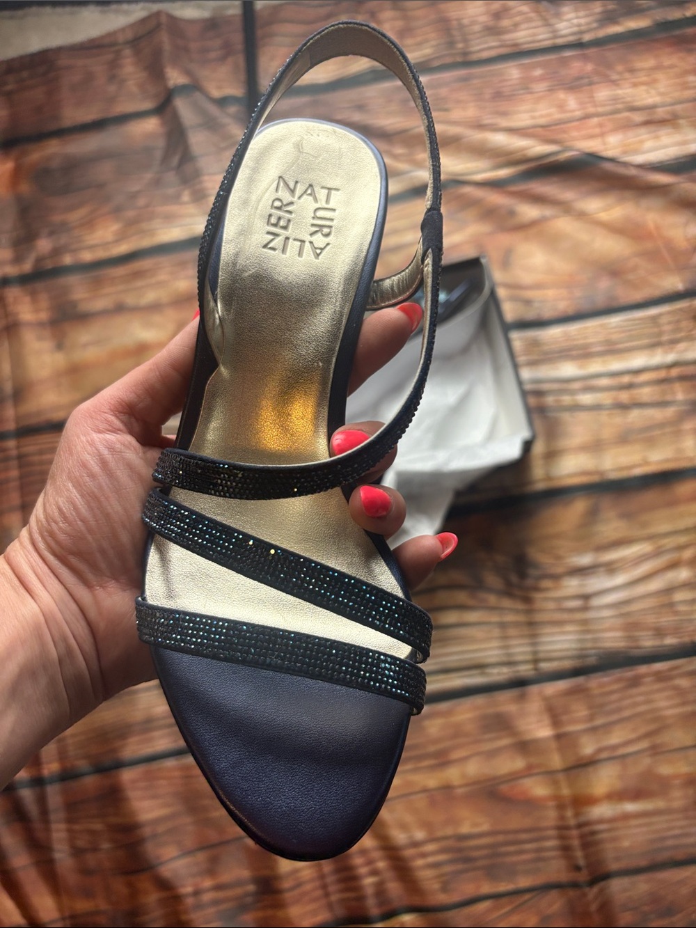 Naturalizer Black Strappy Slingback Sandals with Gold Footbed